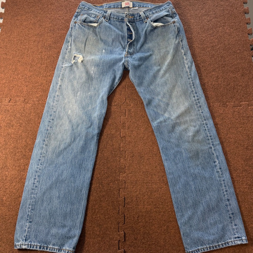 Levis‎ 501 Original Straight Leg Jeans Mens 34x31 Blue Distressed Button Fly